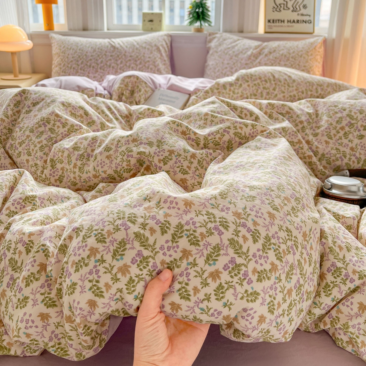 91家纺网 家纺一手货源 找家纺 格真 2026新款韩国小布袋A类古法水洗仿棉云感纱四件套 花间瑶