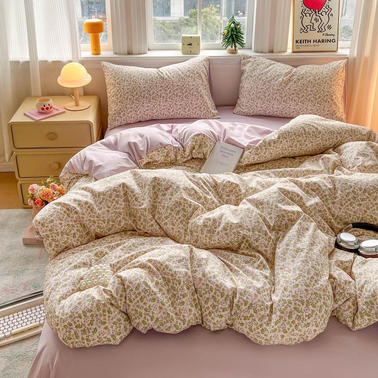 91家纺网 家纺一手货源 找家纺 格真 2026新款韩国小布袋A类古法水洗仿棉云感纱四件套 花间瑶