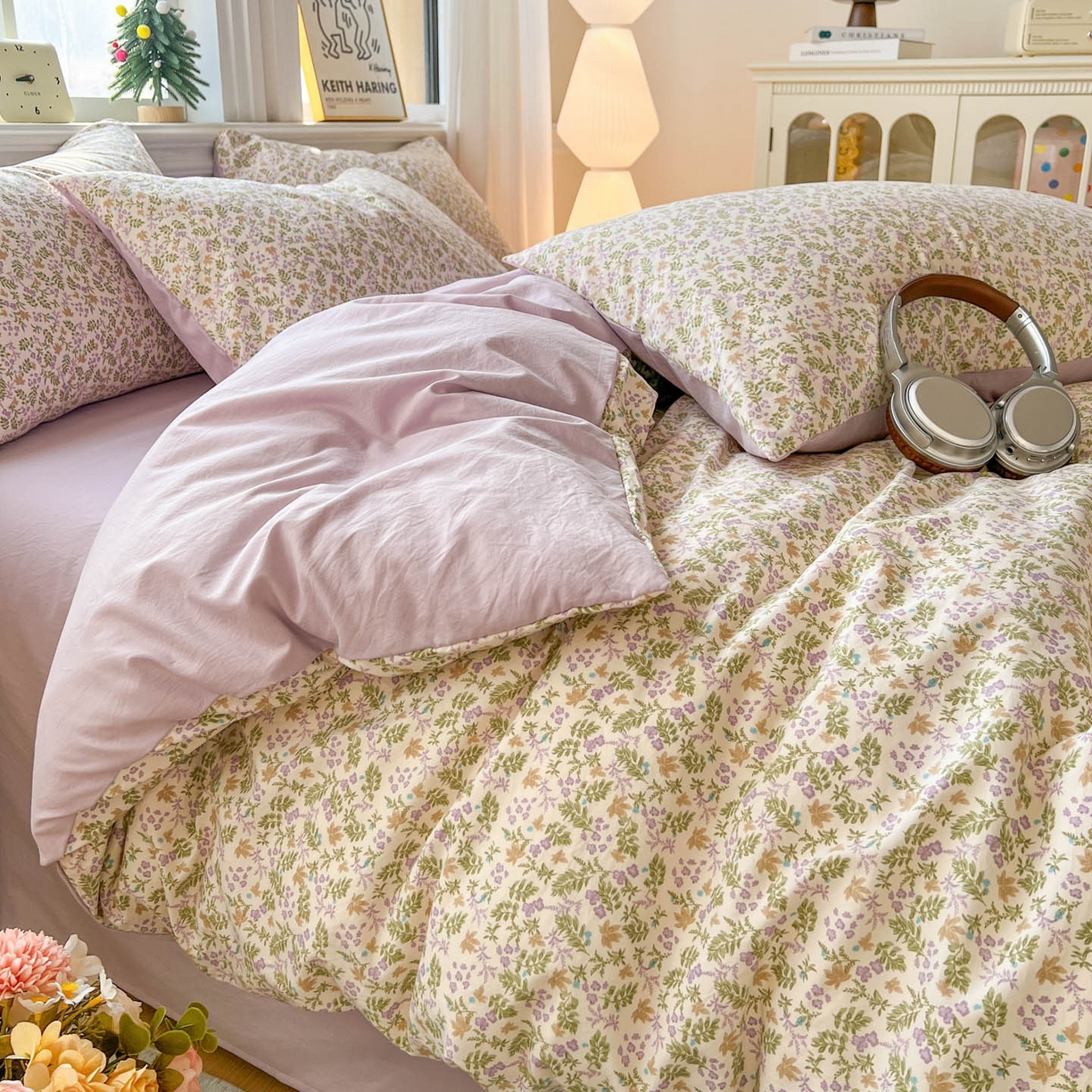 91家纺网 家纺一手货源 找家纺 格真 2026新款韩国小布袋A类古法水洗仿棉云感纱四件套 花间瑶