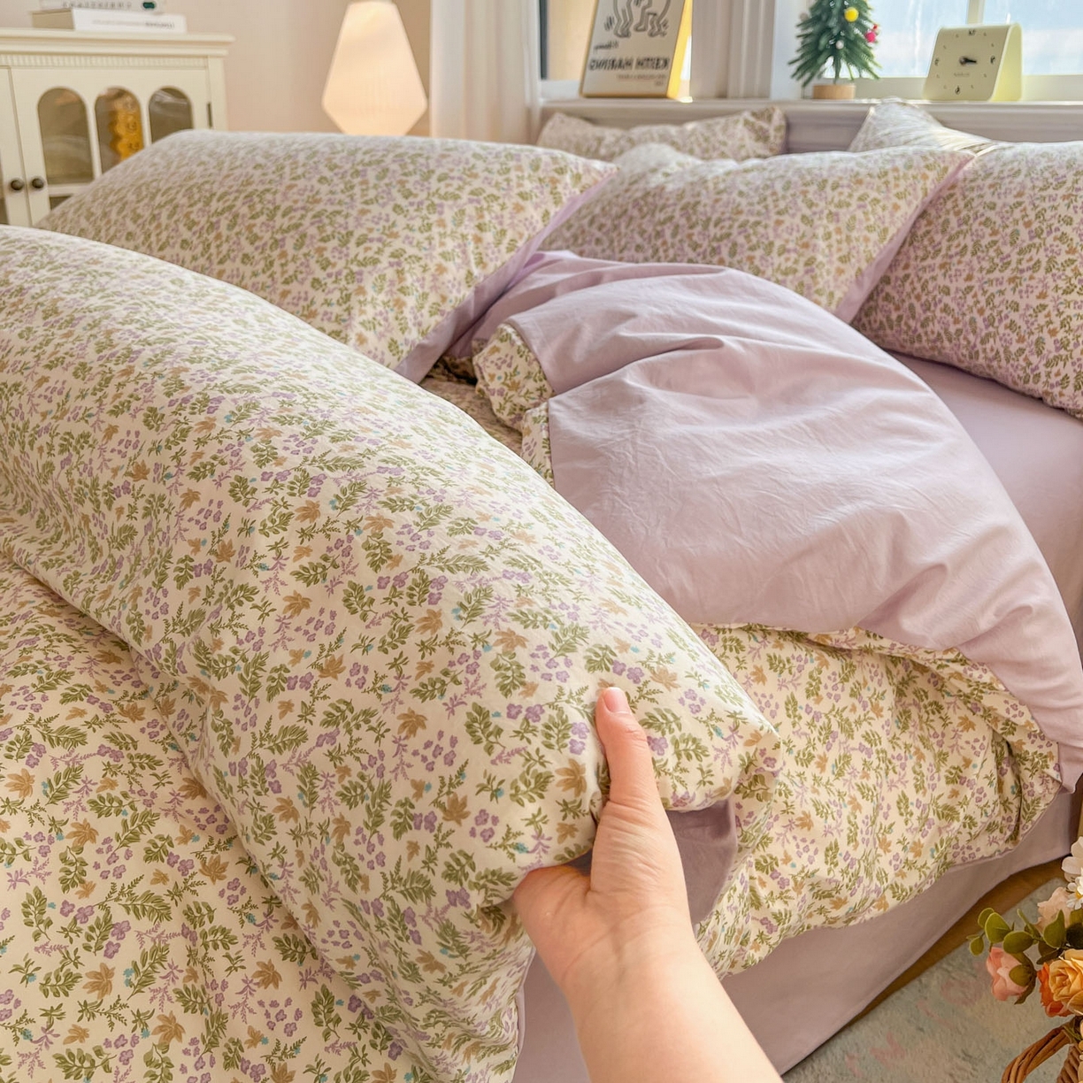 91家纺网 家纺一手货源 找家纺 格真 2026新款韩国小布袋A类古法水洗仿棉云感纱四件套 花间瑶