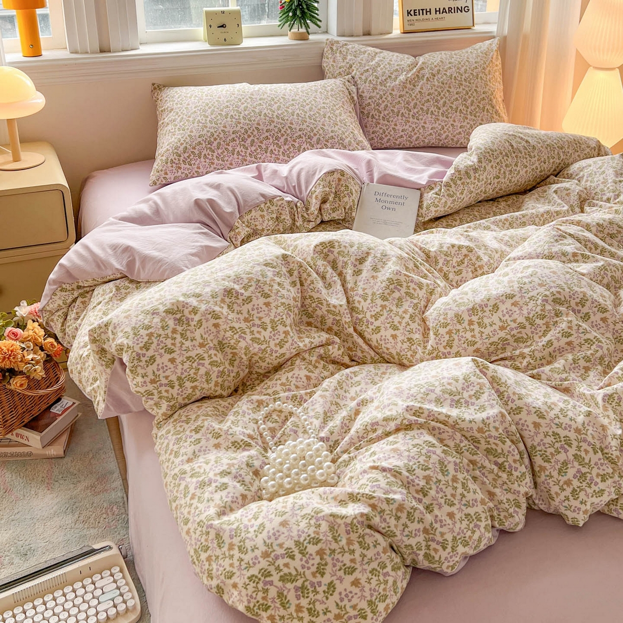 91家纺网 家纺一手货源 找家纺 格真 2026新款韩国小布袋A类古法水洗仿棉云感纱四件套 花间瑶