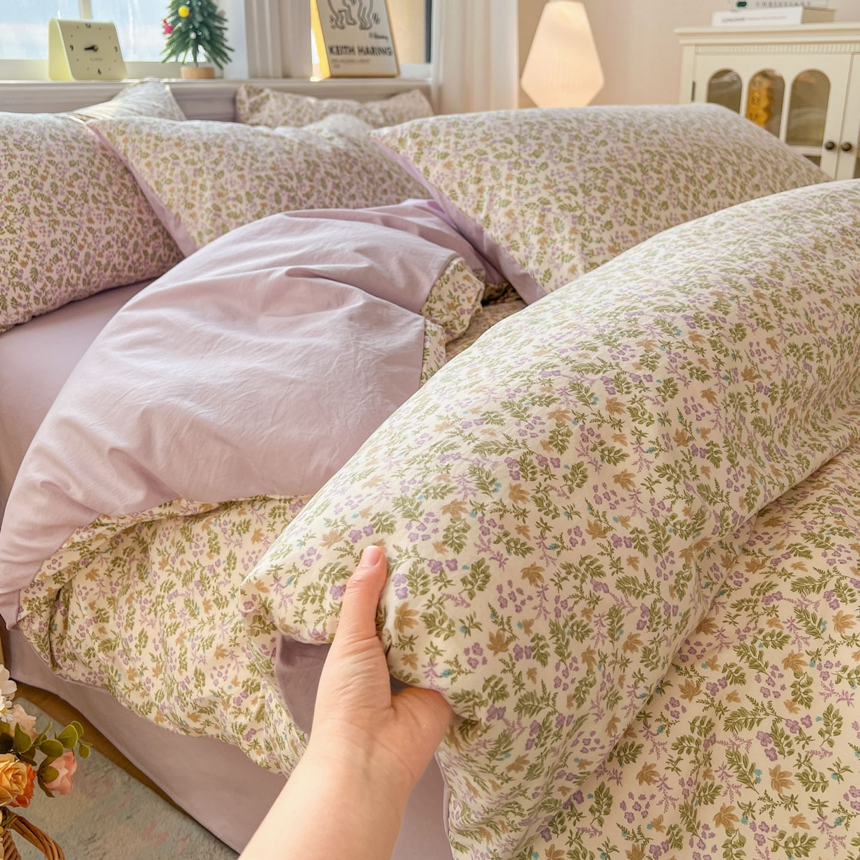 91家纺网 家纺一手货源 找家纺 格真 2026新款韩国小布袋A类古法水洗仿棉云感纱四件套 花间瑶