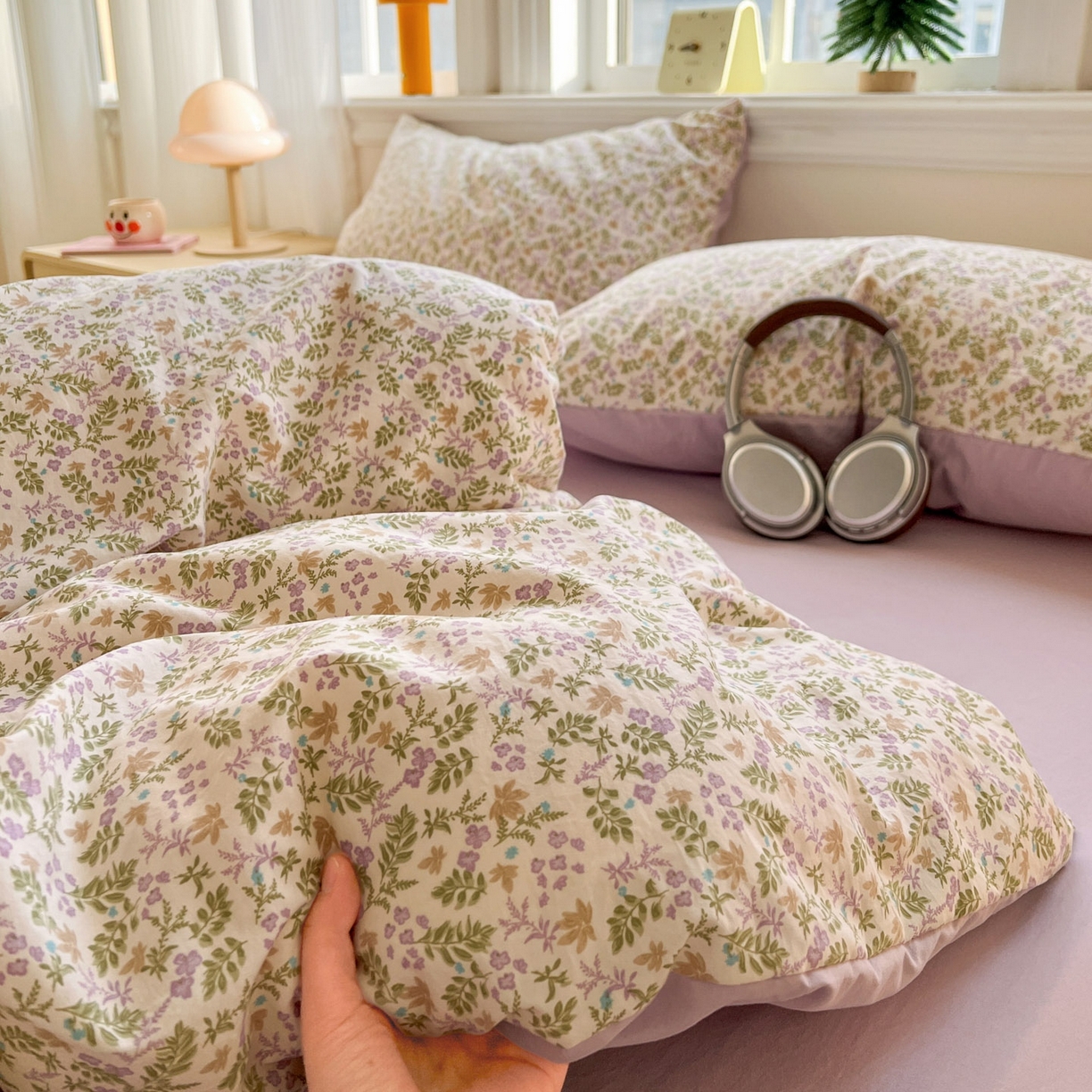 91家纺网 家纺一手货源 找家纺 格真 2026新款韩国小布袋A类古法水洗仿棉云感纱四件套 花间瑶