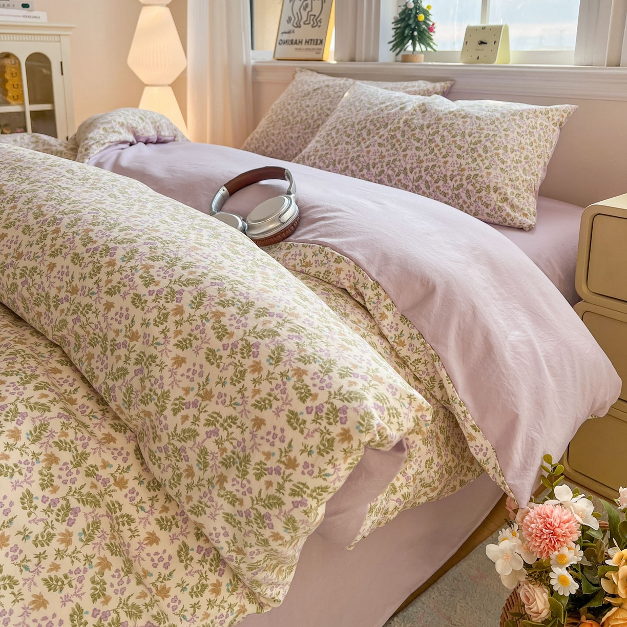 91家纺网 家纺一手货源 找家纺 格真 2026新款韩国小布袋A类古法水洗仿棉云感纱四件套 花间瑶