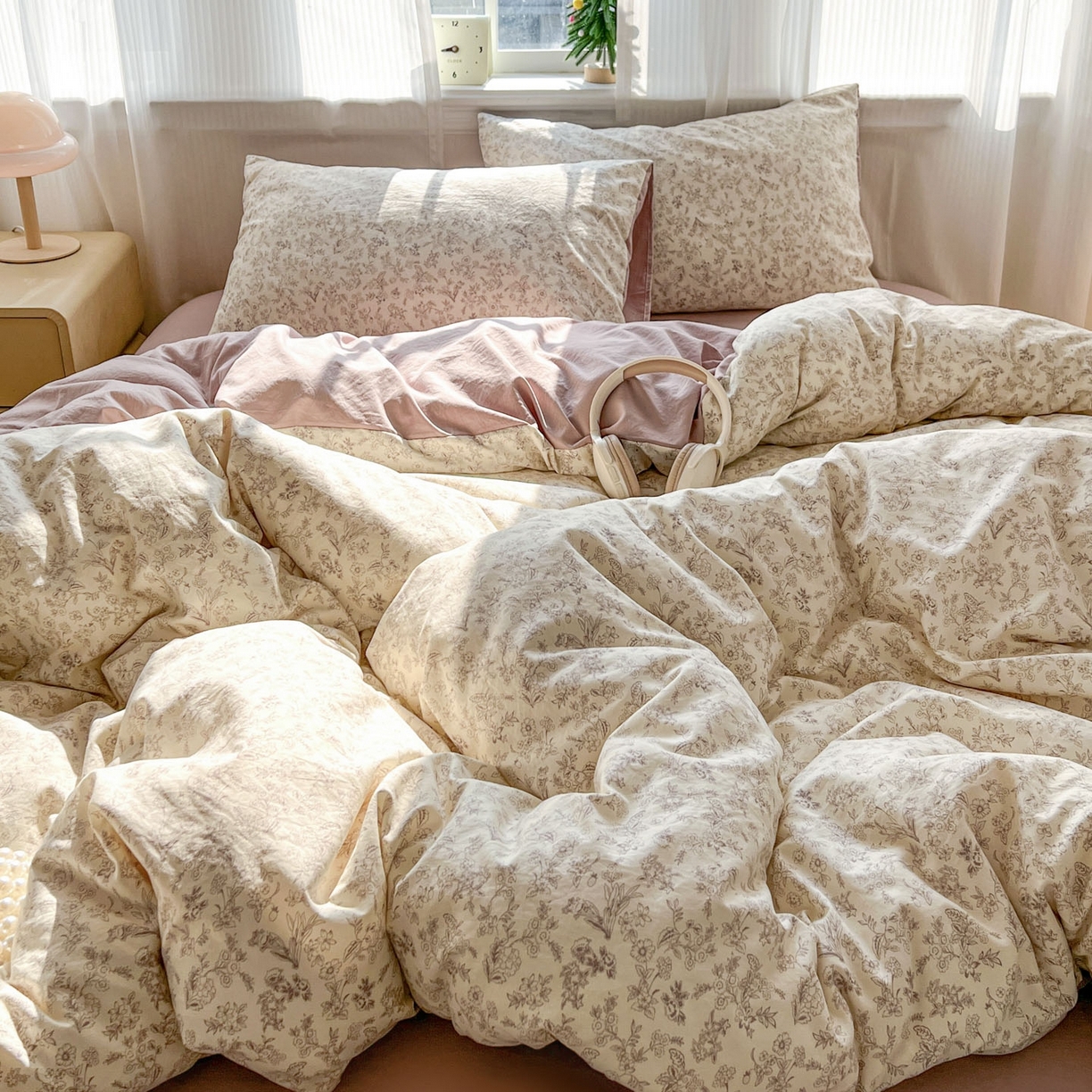 91家纺网 家纺一手货源 找家纺 格真 2026新款韩国小布袋A类古法水洗仿棉云感纱四件套 简韵