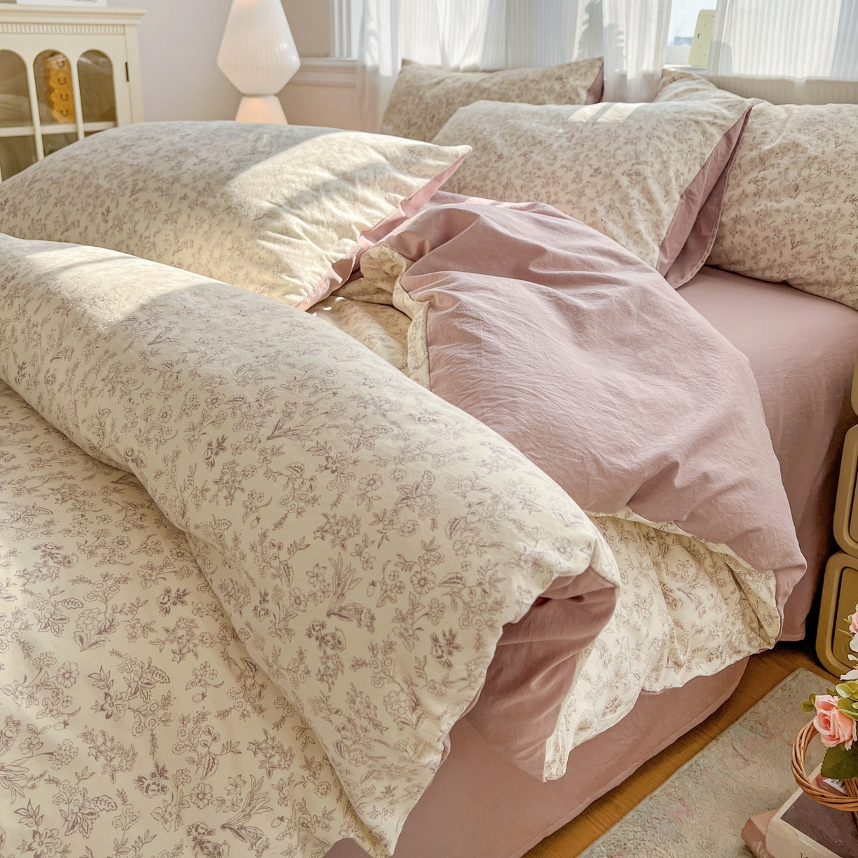 91家纺网 家纺一手货源 找家纺 格真 2026新款韩国小布袋A类古法水洗仿棉云感纱四件套 简韵