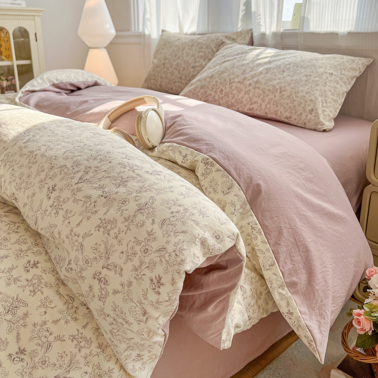 91家纺网 家纺一手货源 找家纺 格真 2026新款韩国小布袋A类古法水洗仿棉云感纱四件套 简韵