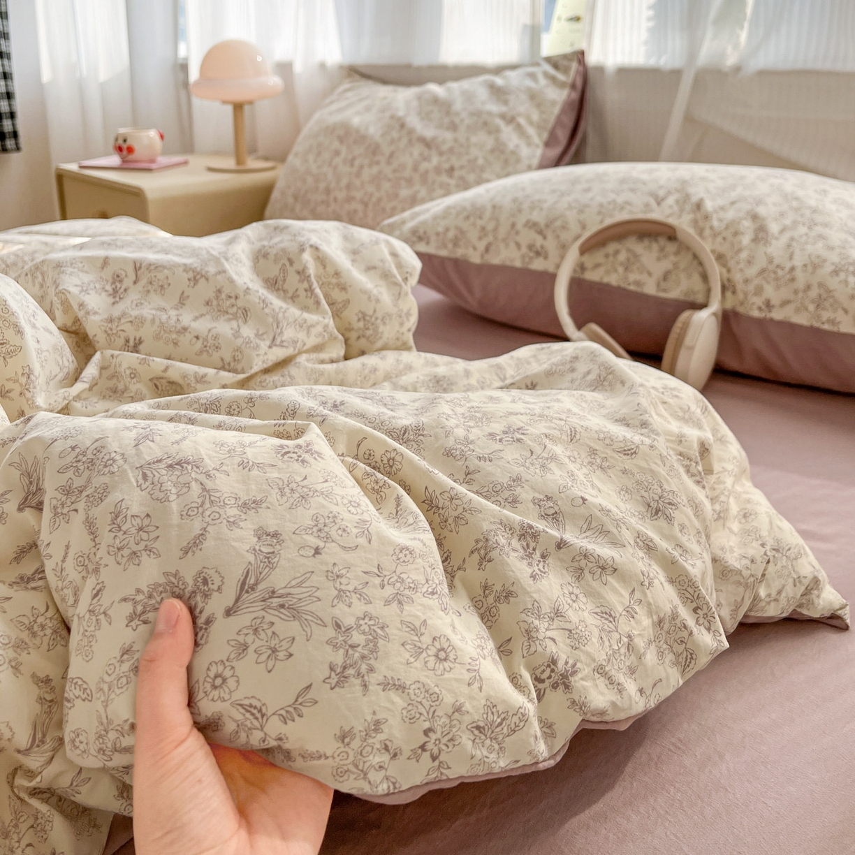 91家纺网 家纺一手货源 找家纺 格真 2026新款韩国小布袋A类古法水洗仿棉云感纱四件套 简韵