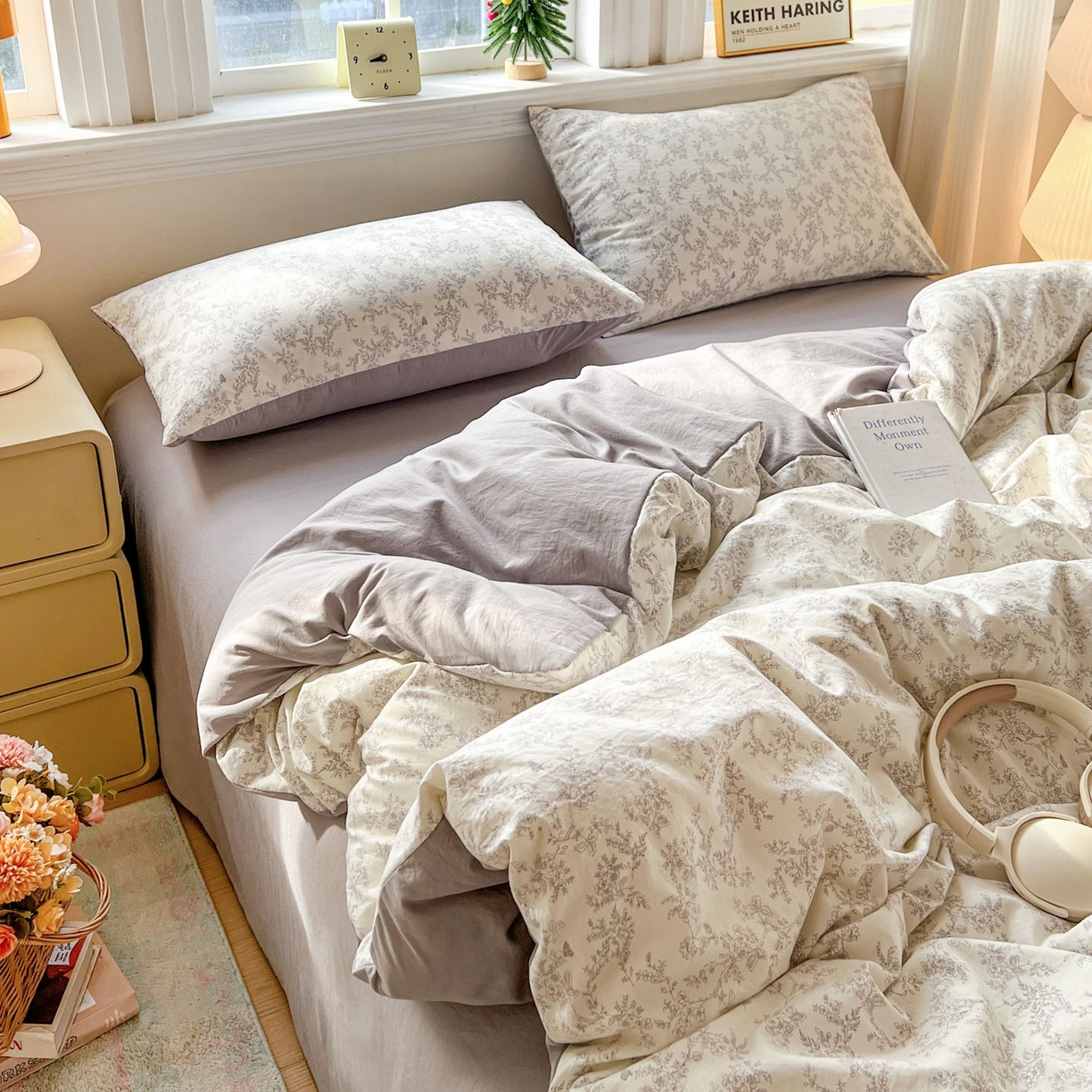 91家纺网 家纺一手货源 找家纺 格真 2026新款韩国小布袋A类古法水洗仿棉云感纱四件套 勒叶