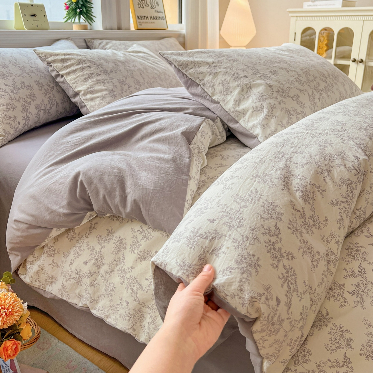 91家纺网 家纺一手货源 找家纺 格真 2026新款韩国小布袋A类古法水洗仿棉云感纱四件套 勒叶