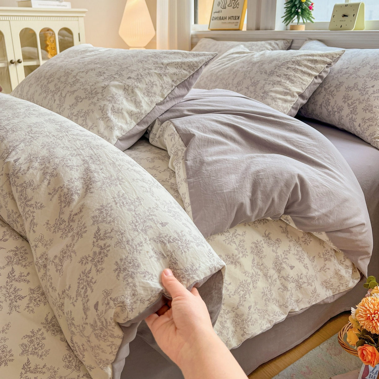 91家纺网 家纺一手货源 找家纺 格真 2026新款韩国小布袋A类古法水洗仿棉云感纱四件套 勒叶