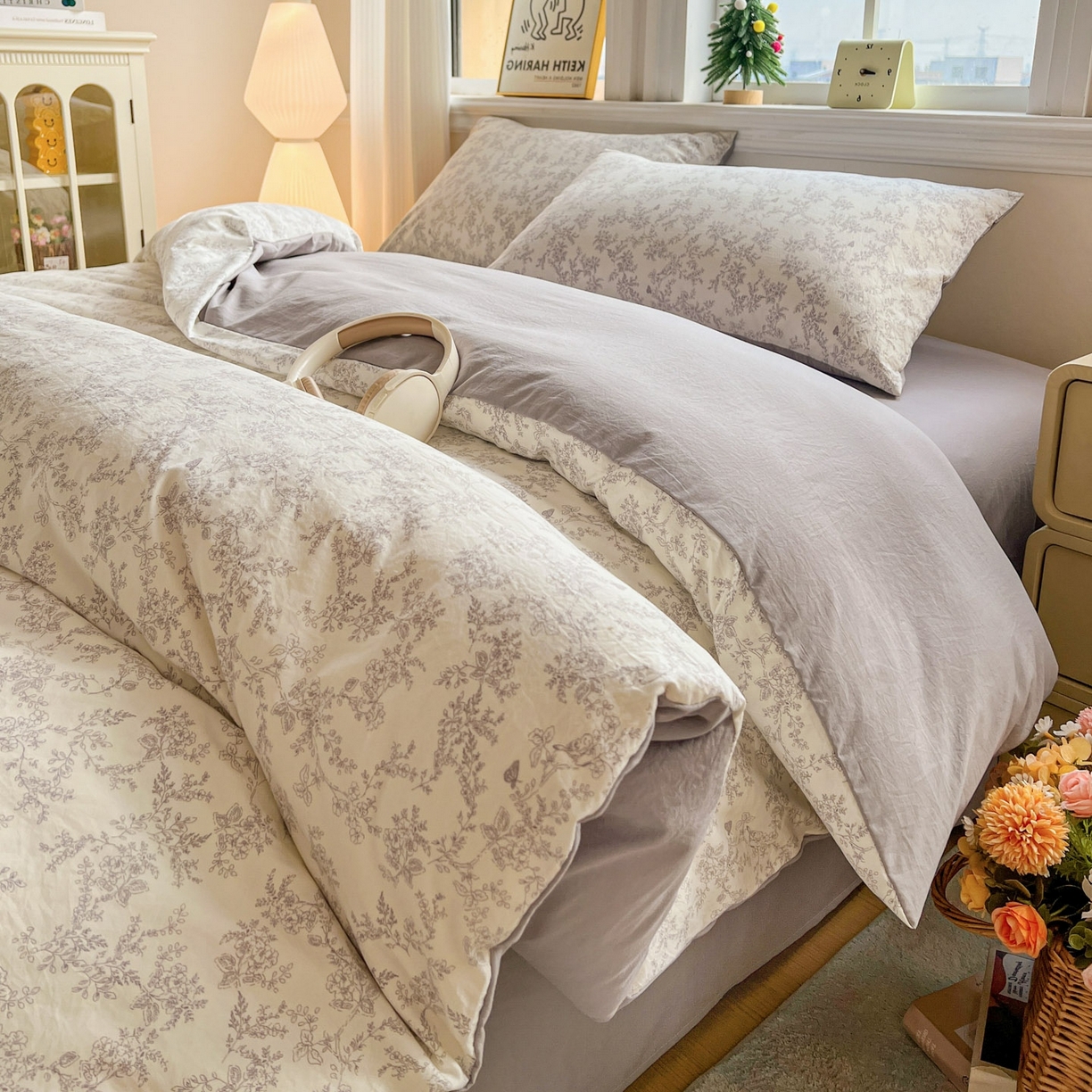 91家纺网 家纺一手货源 找家纺 格真 2026新款韩国小布袋A类古法水洗仿棉云感纱四件套 勒叶