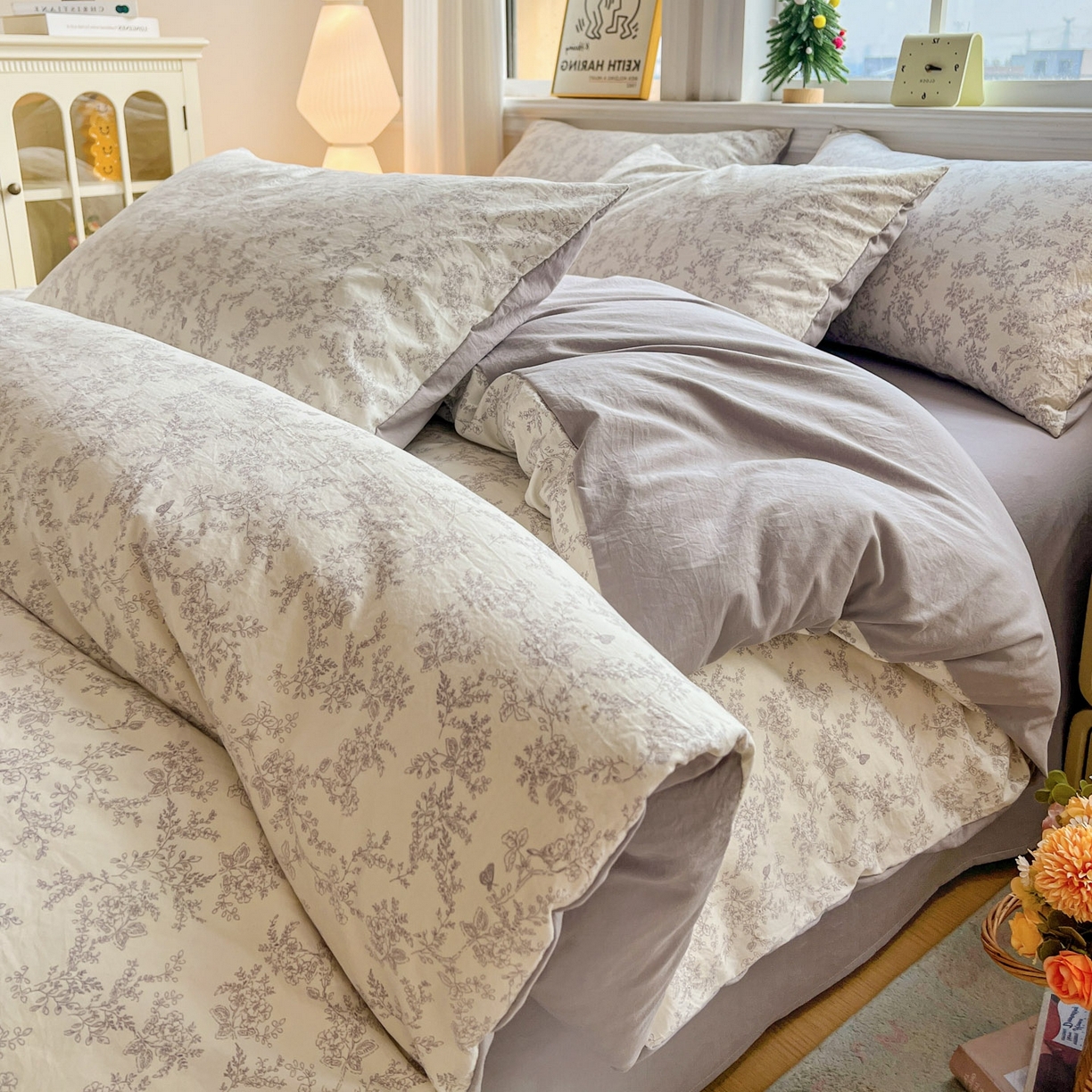 91家纺网 家纺一手货源 找家纺 格真 2026新款韩国小布袋A类古法水洗仿棉云感纱四件套 勒叶