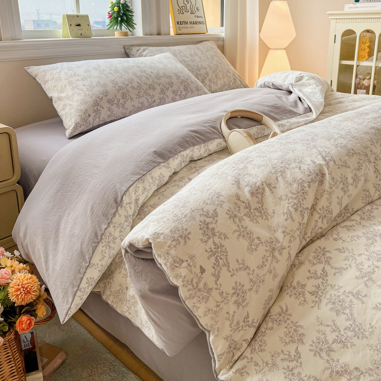 91家纺网 家纺一手货源 找家纺 格真 2026新款韩国小布袋A类古法水洗仿棉云感纱四件套 勒叶