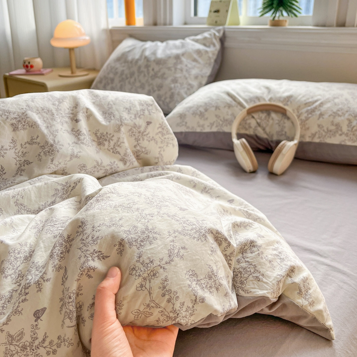 91家纺网 家纺一手货源 找家纺 格真 2026新款韩国小布袋A类古法水洗仿棉云感纱四件套 勒叶