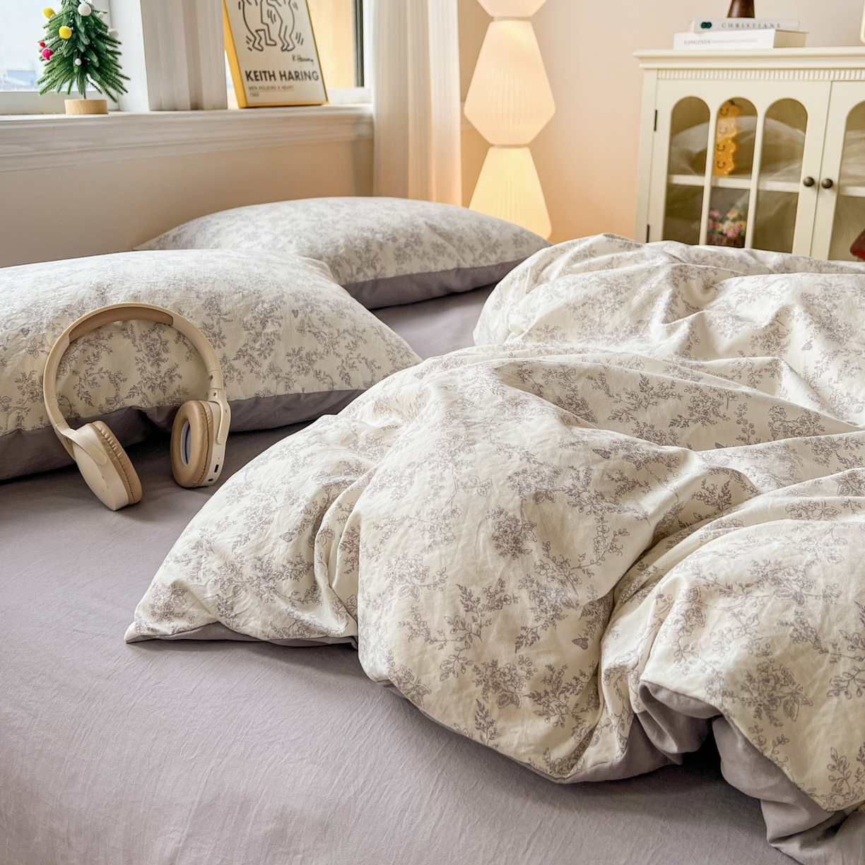 91家纺网 家纺一手货源 找家纺 格真 2026新款韩国小布袋A类古法水洗仿棉云感纱四件套 勒叶