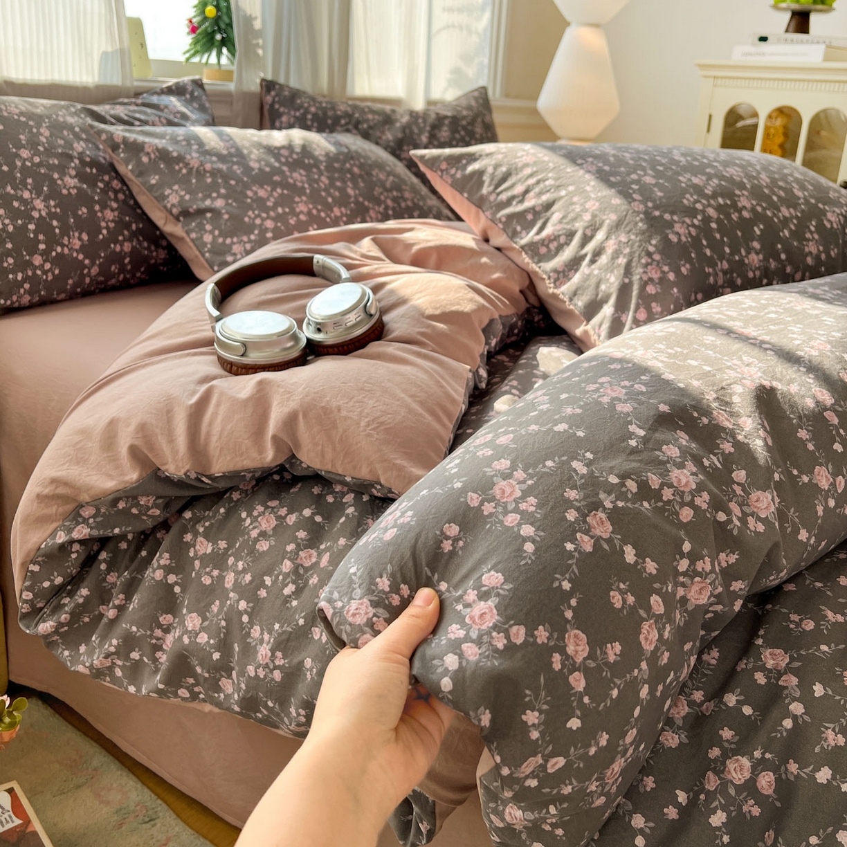 91家纺网 家纺一手货源 找家纺 格真 2026新款韩国小布袋A类古法水洗仿棉云感纱四件套 罗逸淮