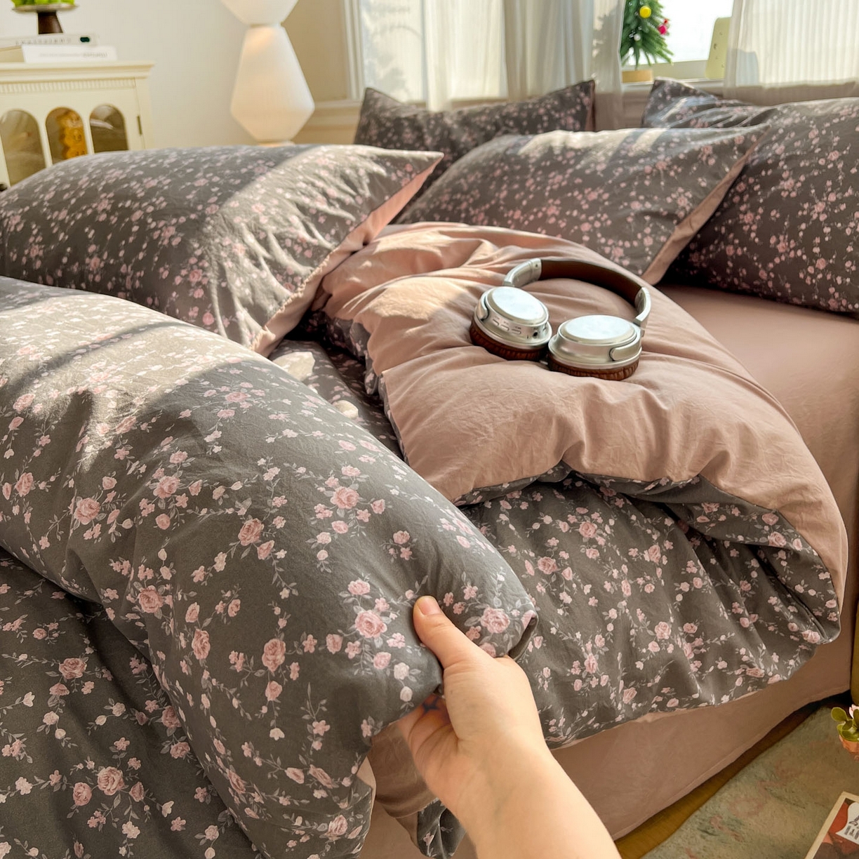 91家纺网 家纺一手货源 找家纺 格真 2026新款韩国小布袋A类古法水洗仿棉云感纱四件套 罗逸淮