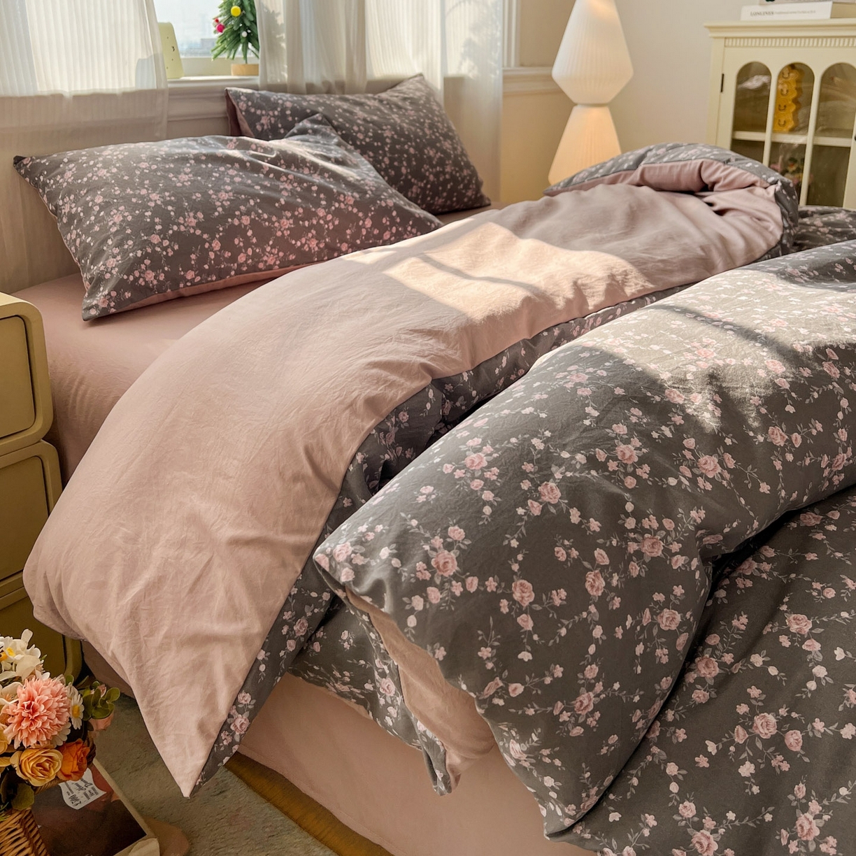 91家纺网 家纺一手货源 找家纺 格真 2026新款韩国小布袋A类古法水洗仿棉云感纱四件套 罗逸淮