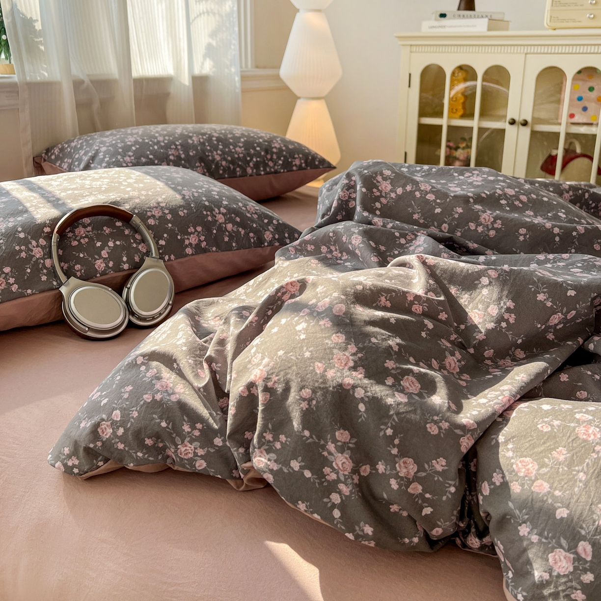 91家纺网 家纺一手货源 找家纺 格真 2026新款韩国小布袋A类古法水洗仿棉云感纱四件套 罗逸淮