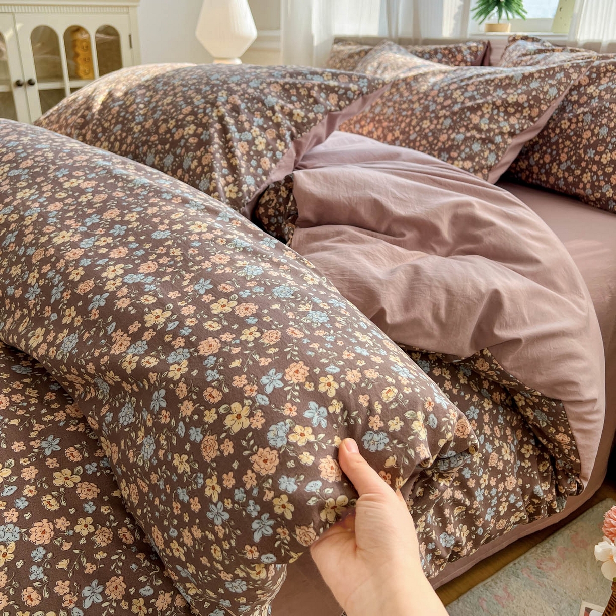 91家纺网 家纺一手货源 找家纺 格真 2026新款韩国小布袋A类古法水洗仿棉云感纱四件套 漫野