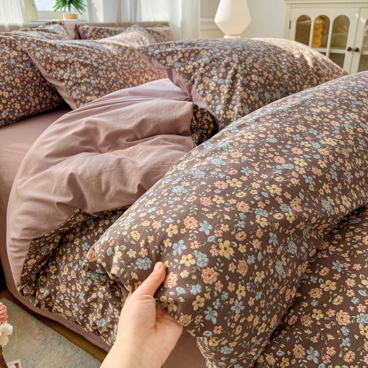 91家纺网 家纺一手货源 找家纺 格真 2026新款韩国小布袋A类古法水洗仿棉云感纱四件套 漫野