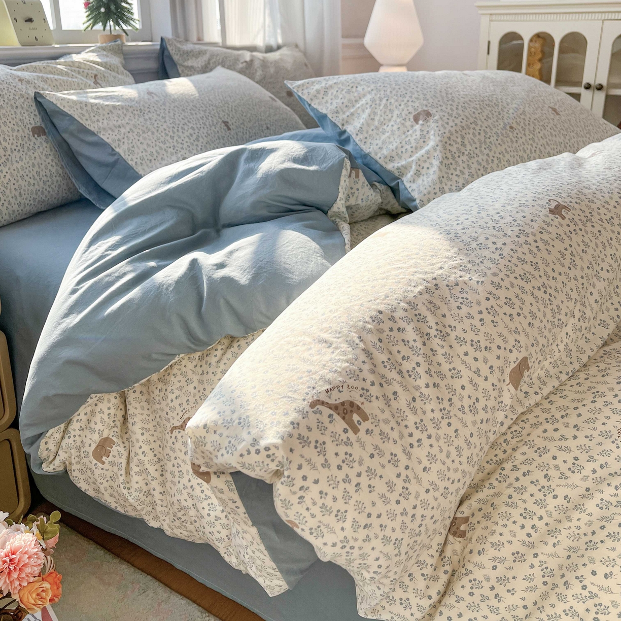 格真 2026新款韩国小布袋A类古法水洗仿棉云感纱四件套 萌物