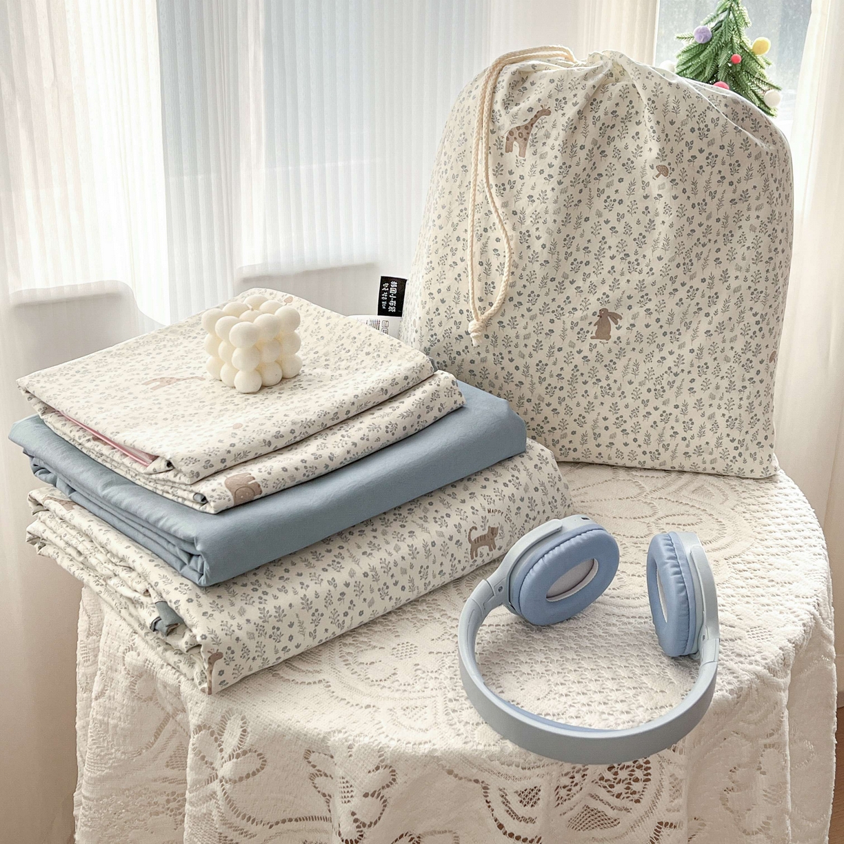 91家纺网 家纺一手货源 找家纺 格真 2026新款韩国小布袋A类古法水洗仿棉云感纱四件套 萌物