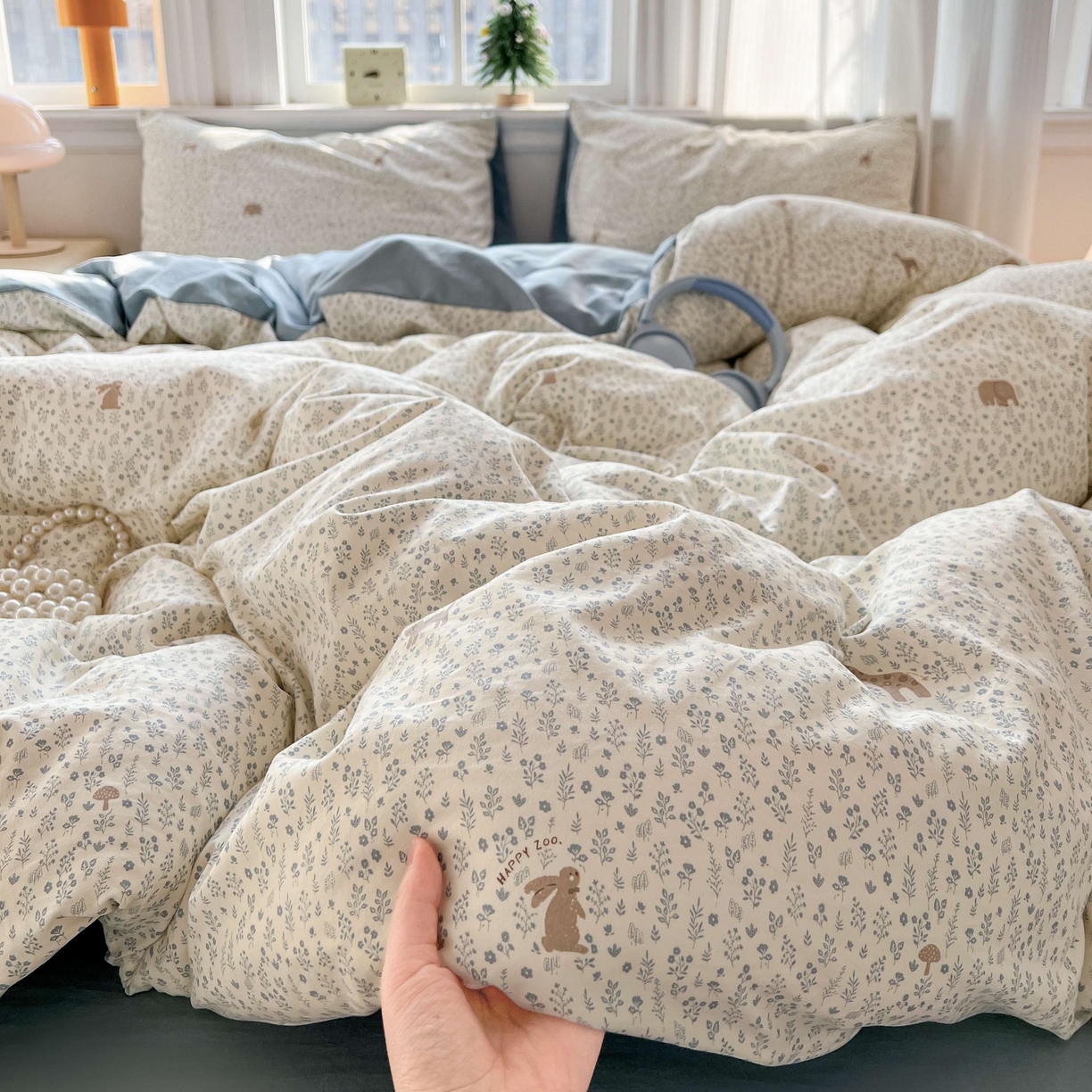 91家纺网 家纺一手货源 找家纺 格真 2026新款韩国小布袋A类古法水洗仿棉云感纱四件套 萌物