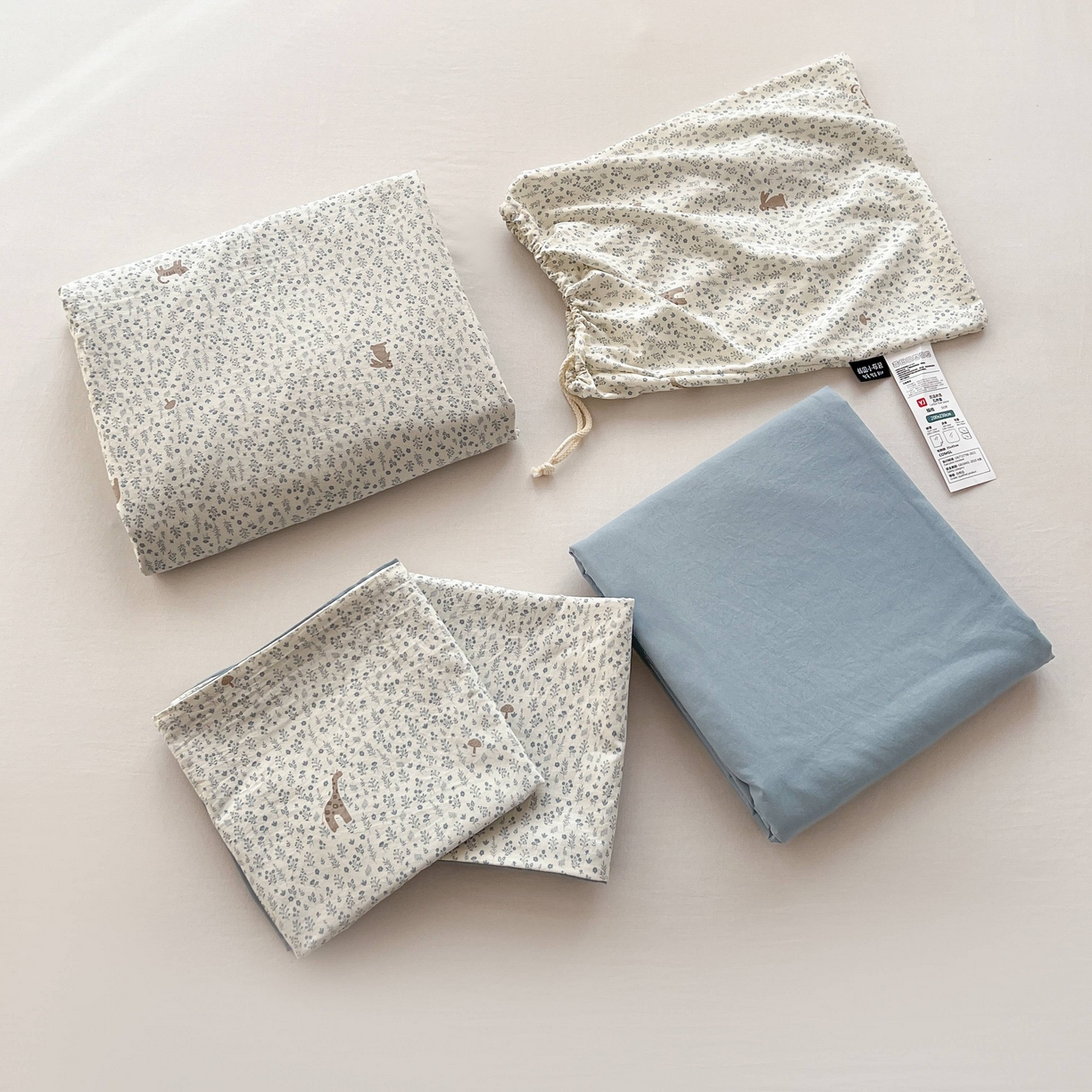 91家纺网 家纺一手货源 找家纺 格真 2026新款韩国小布袋A类古法水洗仿棉云感纱四件套 萌物