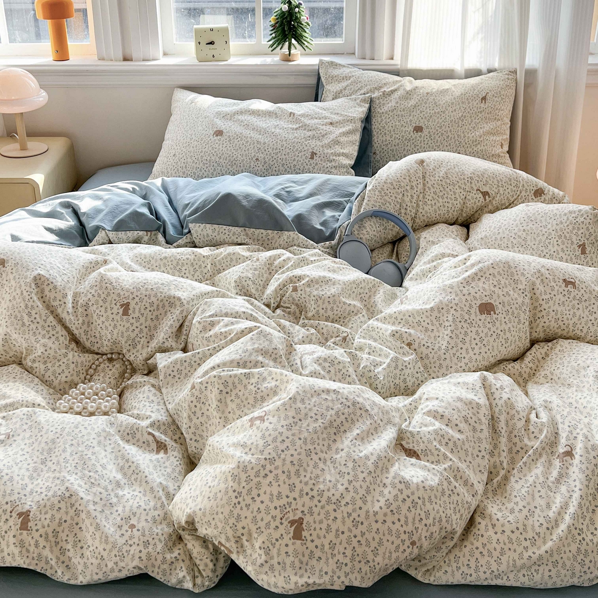 91家纺网 家纺一手货源 找家纺 格真 2026新款韩国小布袋A类古法水洗仿棉云感纱四件套 萌物