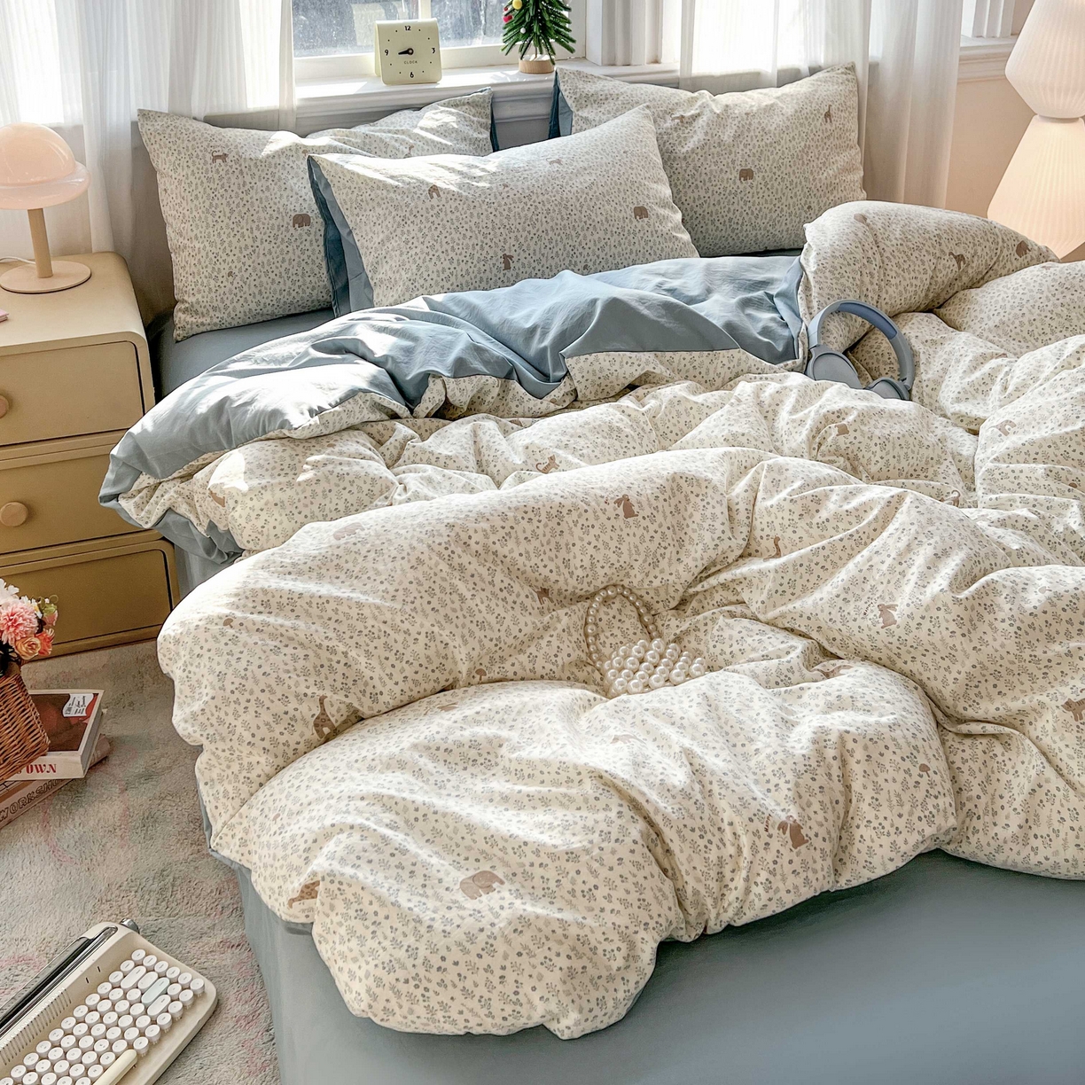 91家纺网 家纺一手货源 找家纺 格真 2026新款韩国小布袋A类古法水洗仿棉云感纱四件套 萌物