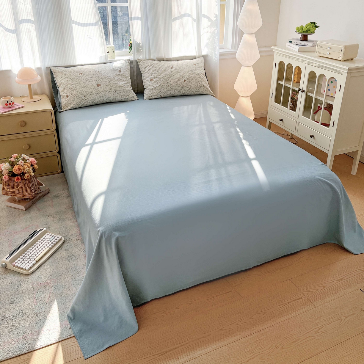 91家纺网 家纺一手货源 找家纺 格真 2026新款韩国小布袋A类古法水洗仿棉云感纱四件套 萌物