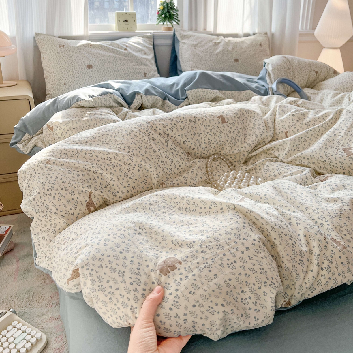 91家纺网 家纺一手货源 找家纺 格真 2026新款韩国小布袋A类古法水洗仿棉云感纱四件套 萌物