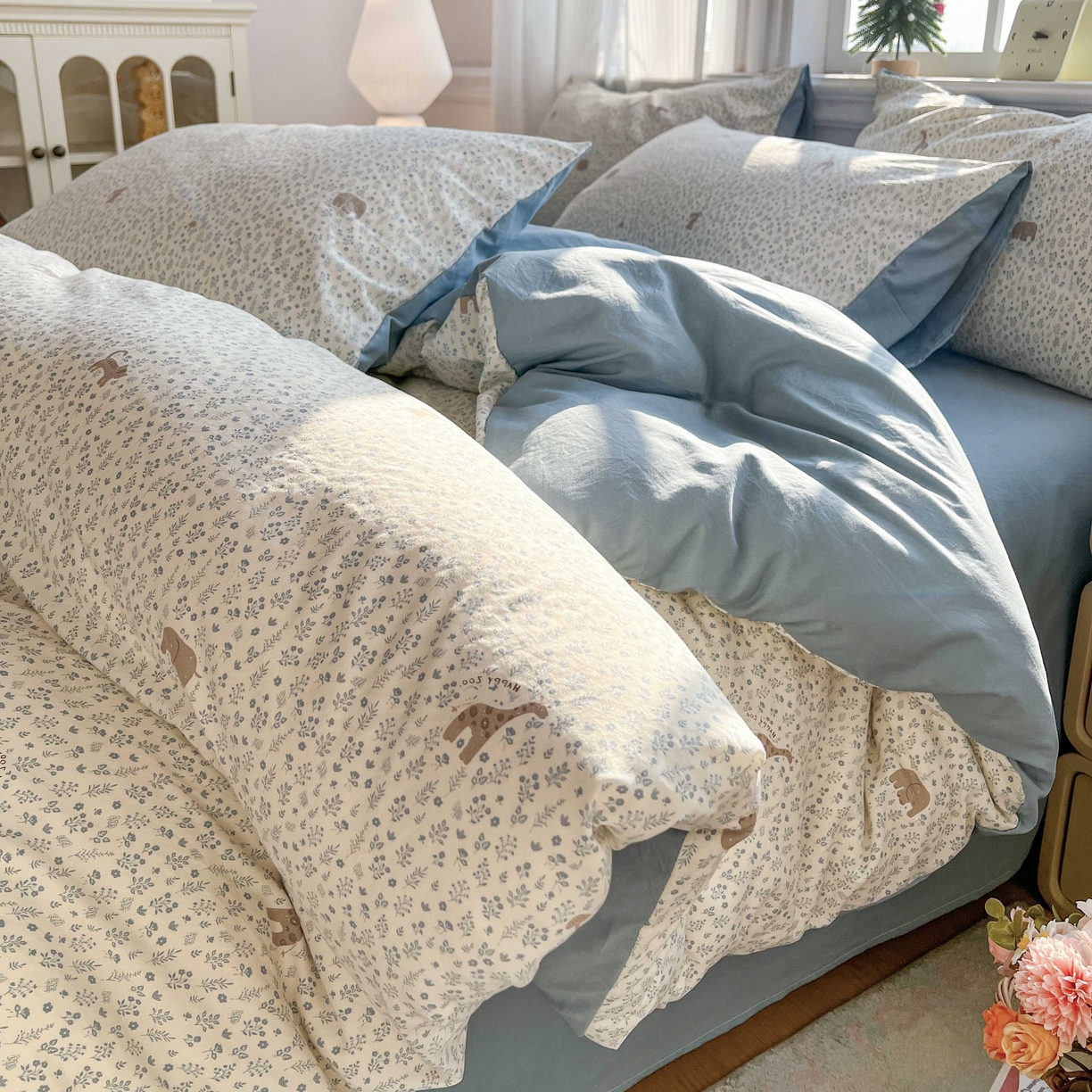 91家纺网 家纺一手货源 找家纺 格真 2026新款韩国小布袋A类古法水洗仿棉云感纱四件套 萌物