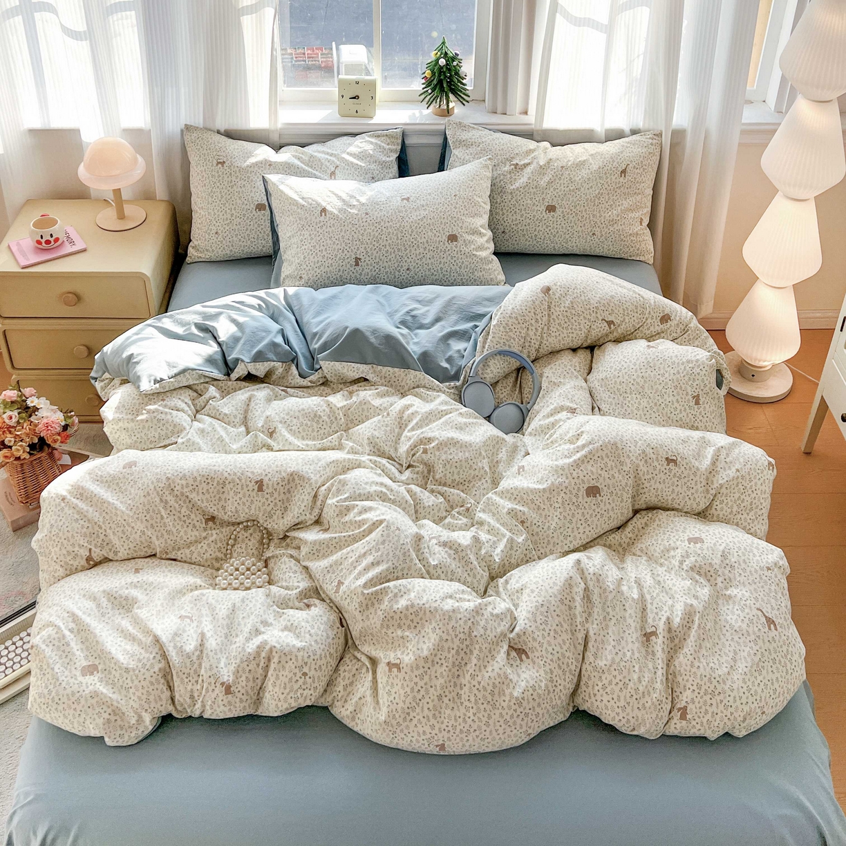 91家纺网 家纺一手货源 找家纺 格真 2026新款韩国小布袋A类古法水洗仿棉云感纱四件套 萌物