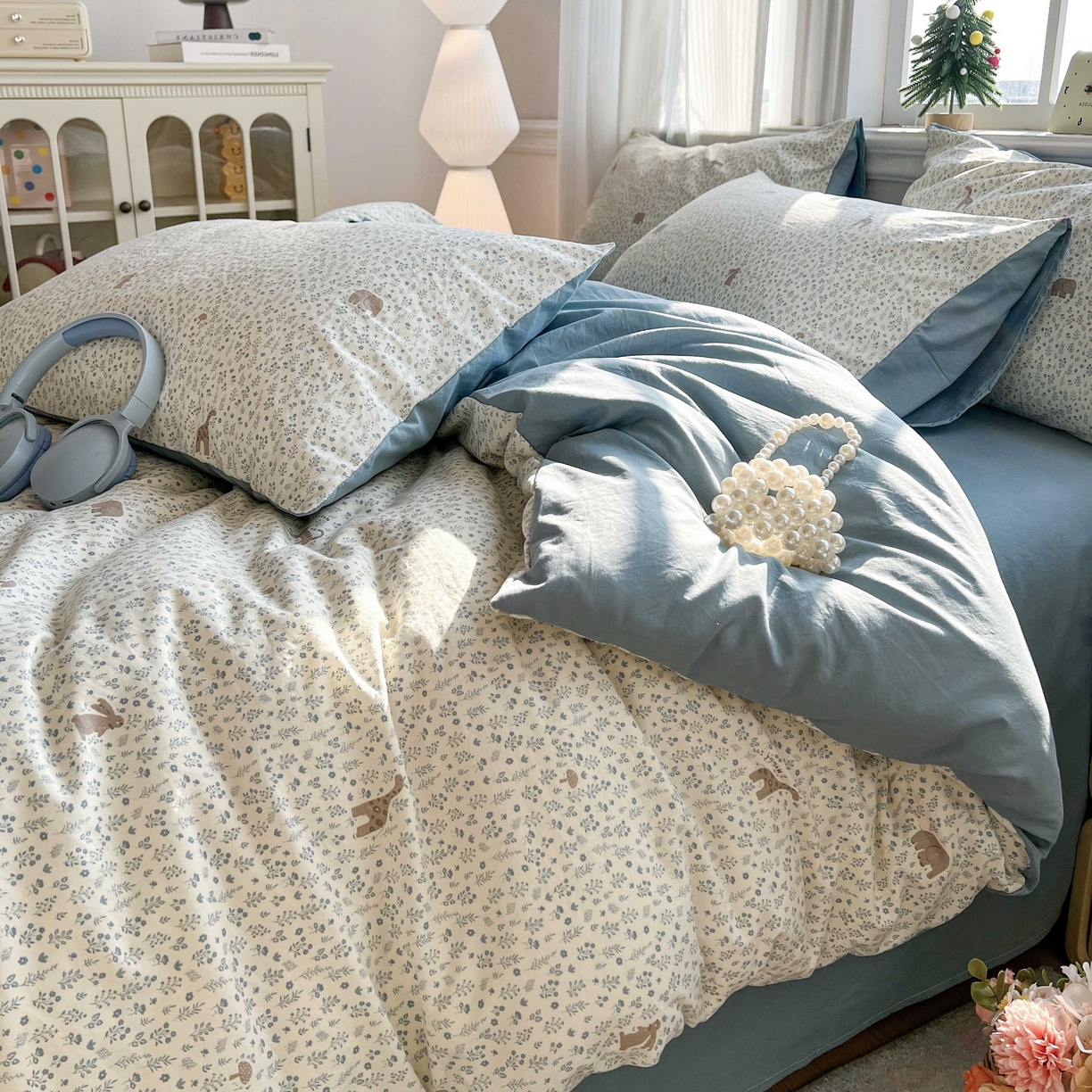 91家纺网 家纺一手货源 找家纺 格真 2026新款韩国小布袋A类古法水洗仿棉云感纱四件套 萌物