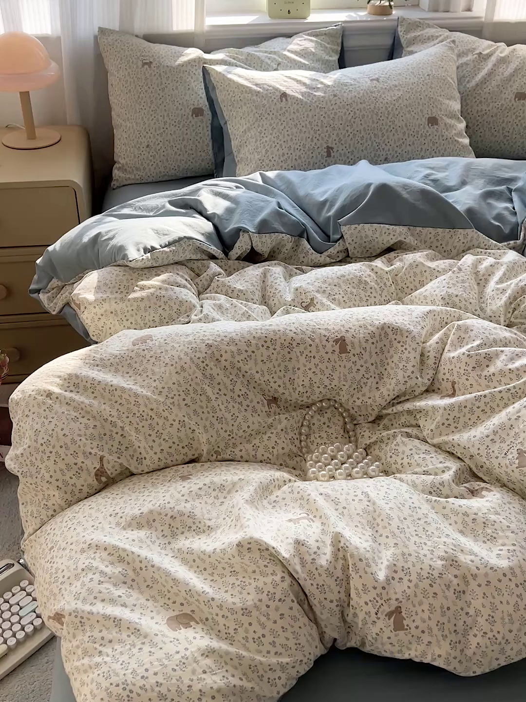 91家纺网 家纺一手货源 找家纺 格真 2026新款韩国小布袋A类古法水洗仿棉云感纱四件套 萌物