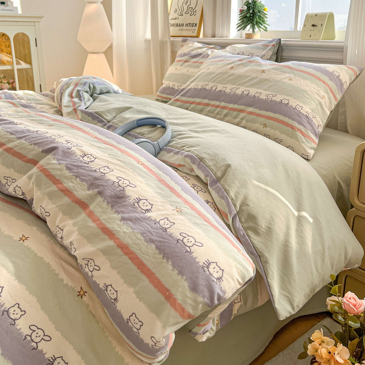 91家纺网 家纺一手货源 找家纺 格真 2026新款韩国小布袋A类古法水洗仿棉云感纱四件套 梦乡