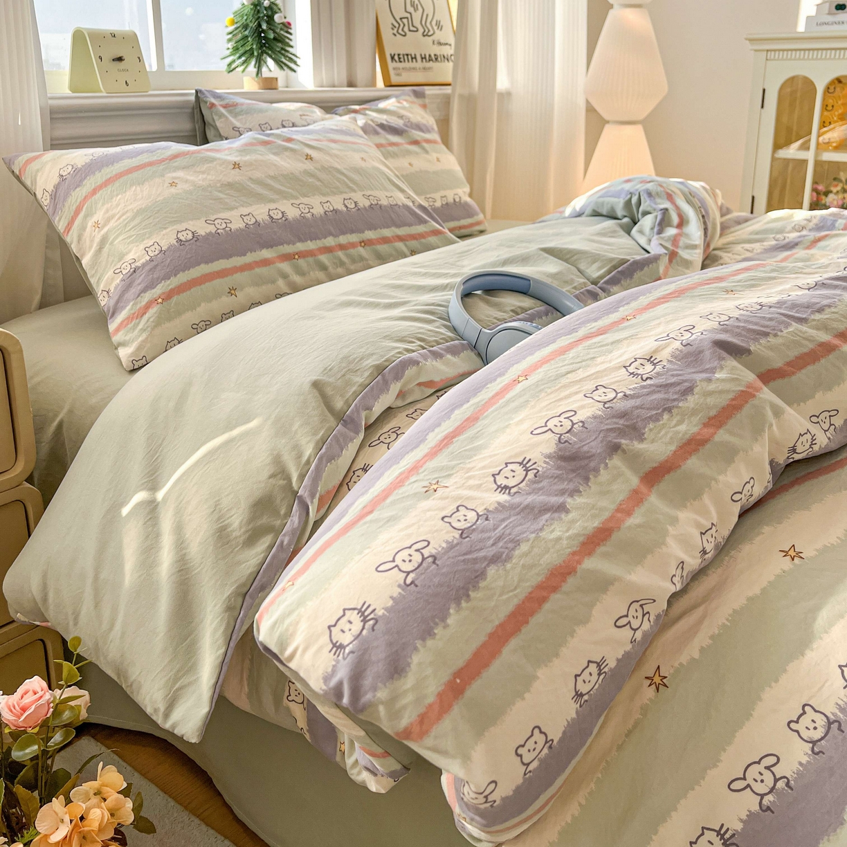 91家纺网 家纺一手货源 找家纺 格真 2026新款韩国小布袋A类古法水洗仿棉云感纱四件套 梦乡