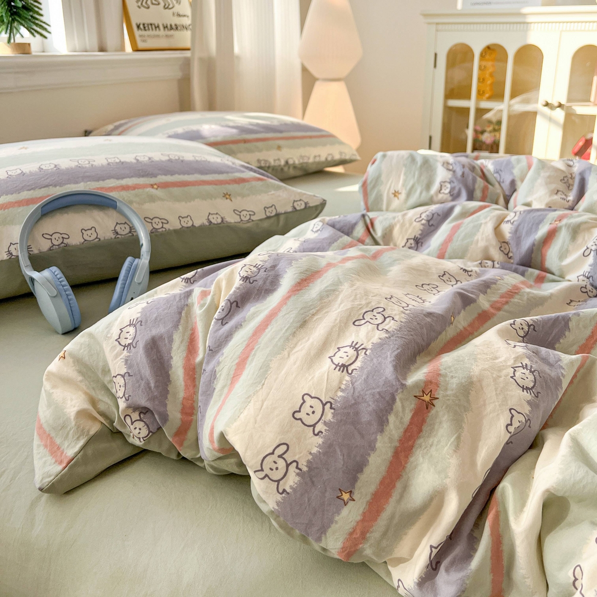 91家纺网 家纺一手货源 找家纺 格真 2026新款韩国小布袋A类古法水洗仿棉云感纱四件套 梦乡