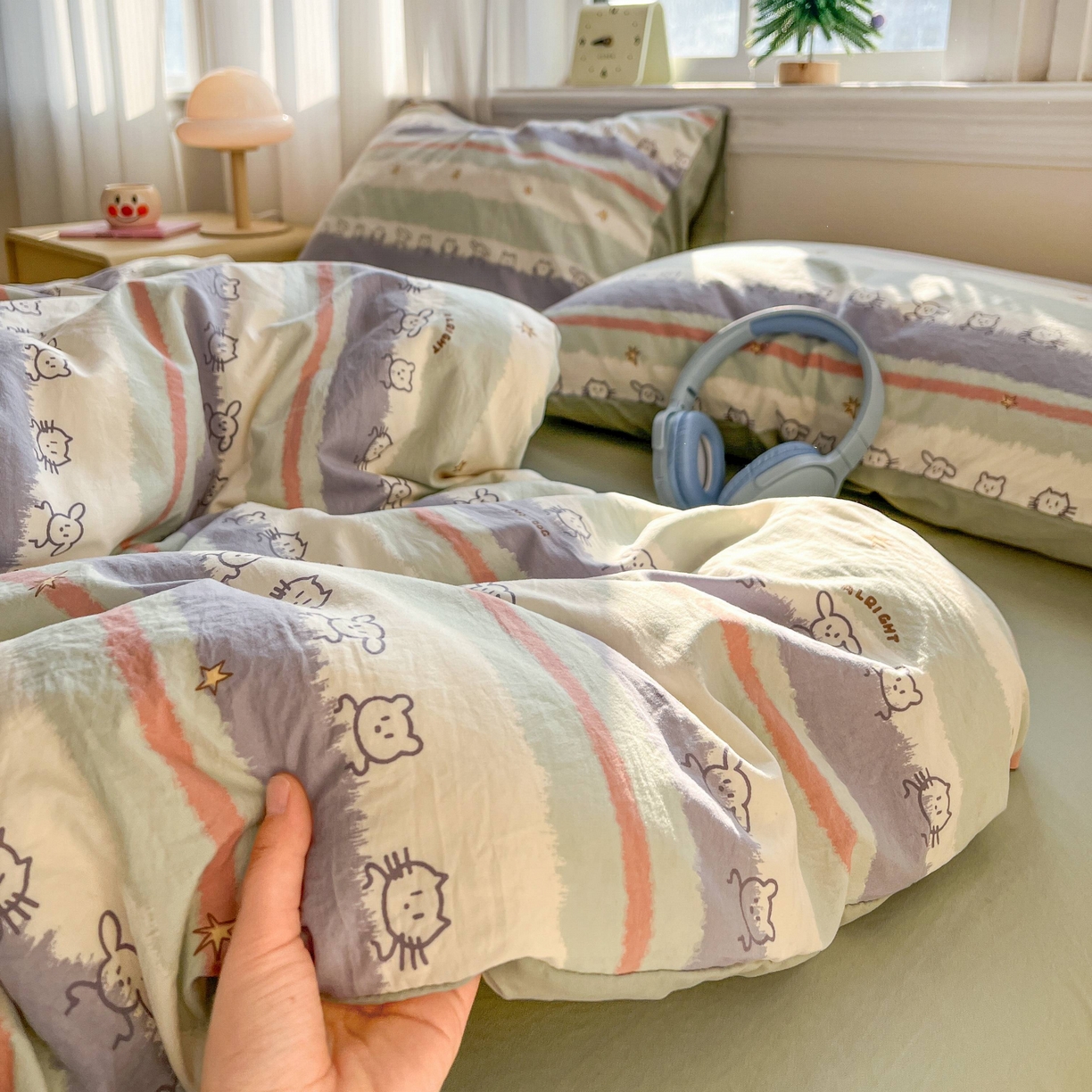 91家纺网 家纺一手货源 找家纺 格真 2026新款韩国小布袋A类古法水洗仿棉云感纱四件套 梦乡