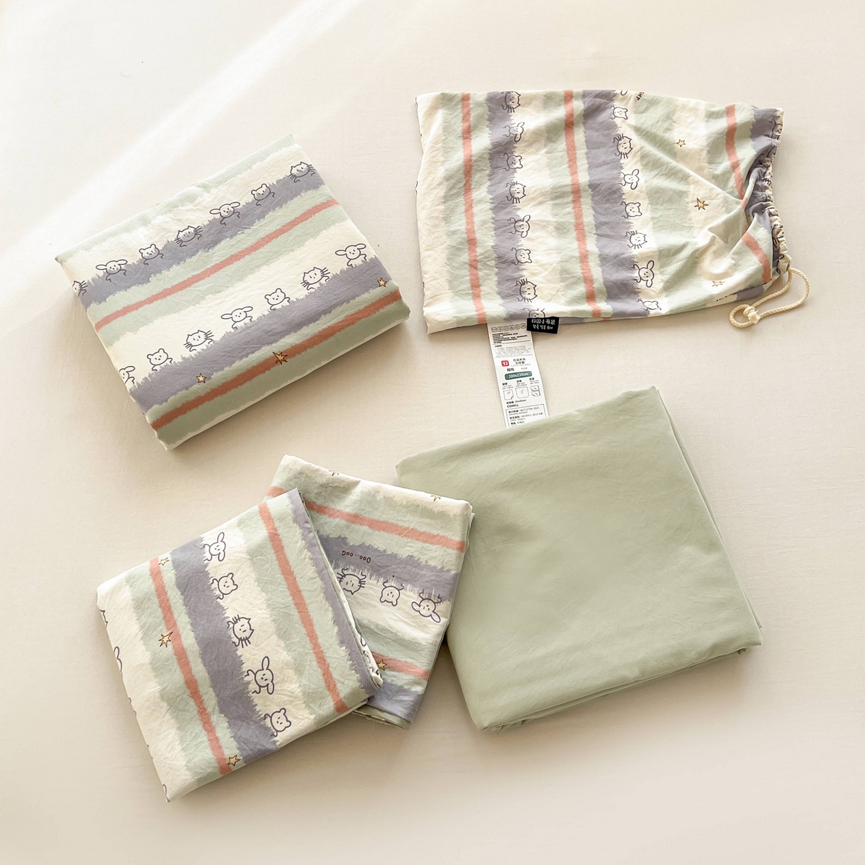 91家纺网 家纺一手货源 找家纺 格真 2026新款韩国小布袋A类古法水洗仿棉云感纱四件套 梦乡