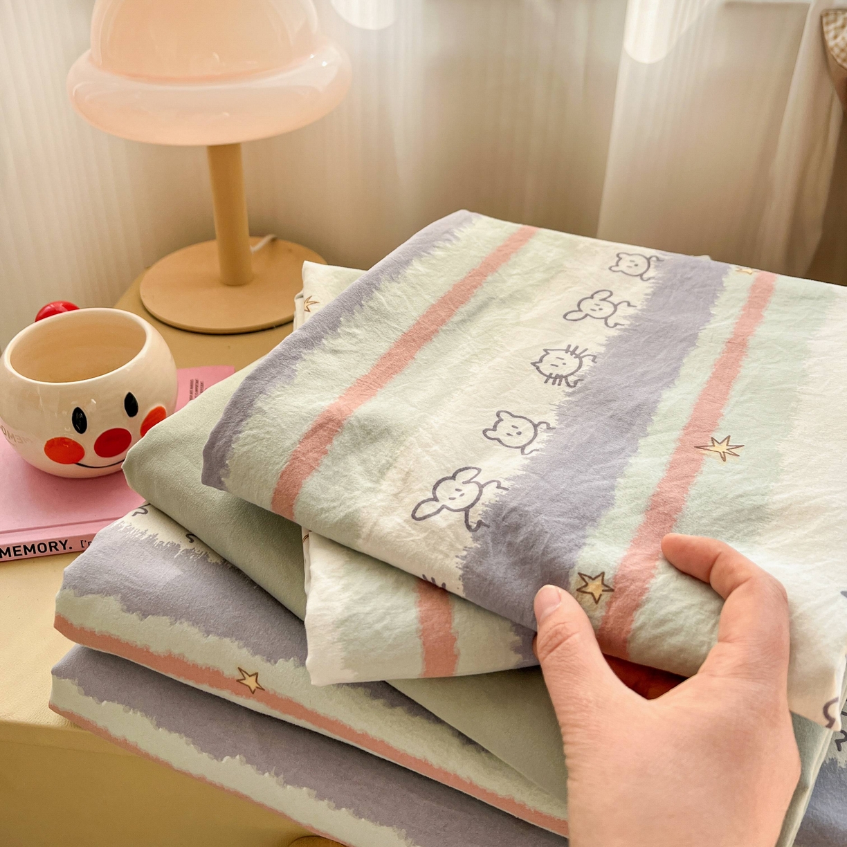 91家纺网 家纺一手货源 找家纺 格真 2026新款韩国小布袋A类古法水洗仿棉云感纱四件套 梦乡