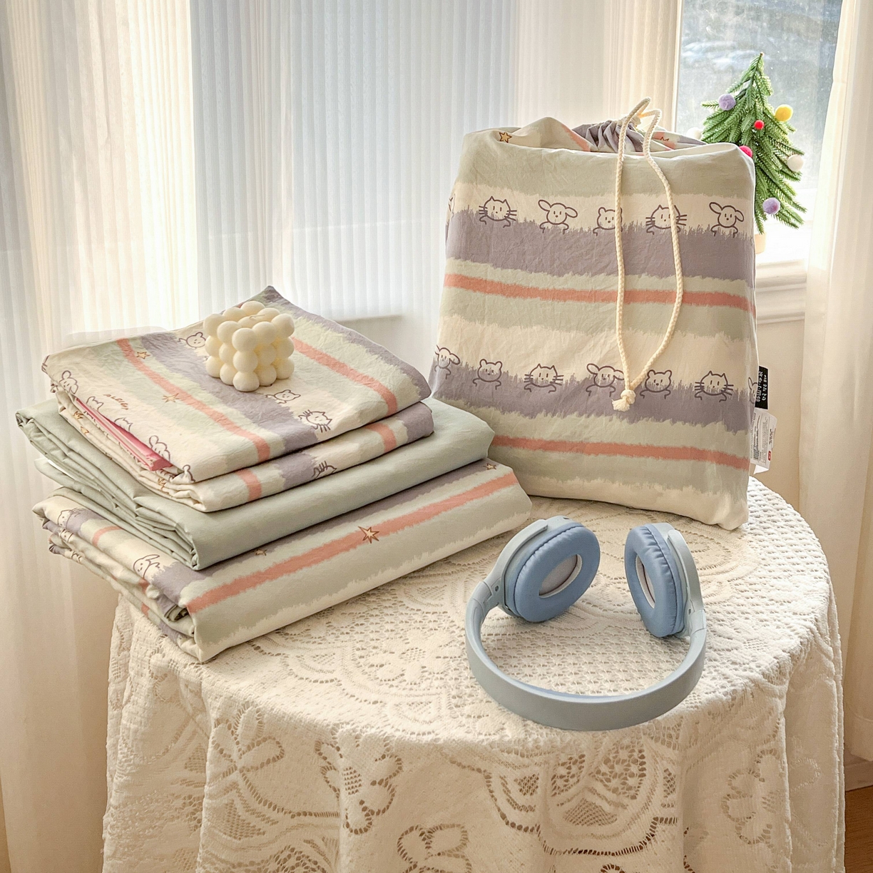 91家纺网 家纺一手货源 找家纺 格真 2026新款韩国小布袋A类古法水洗仿棉云感纱四件套 梦乡