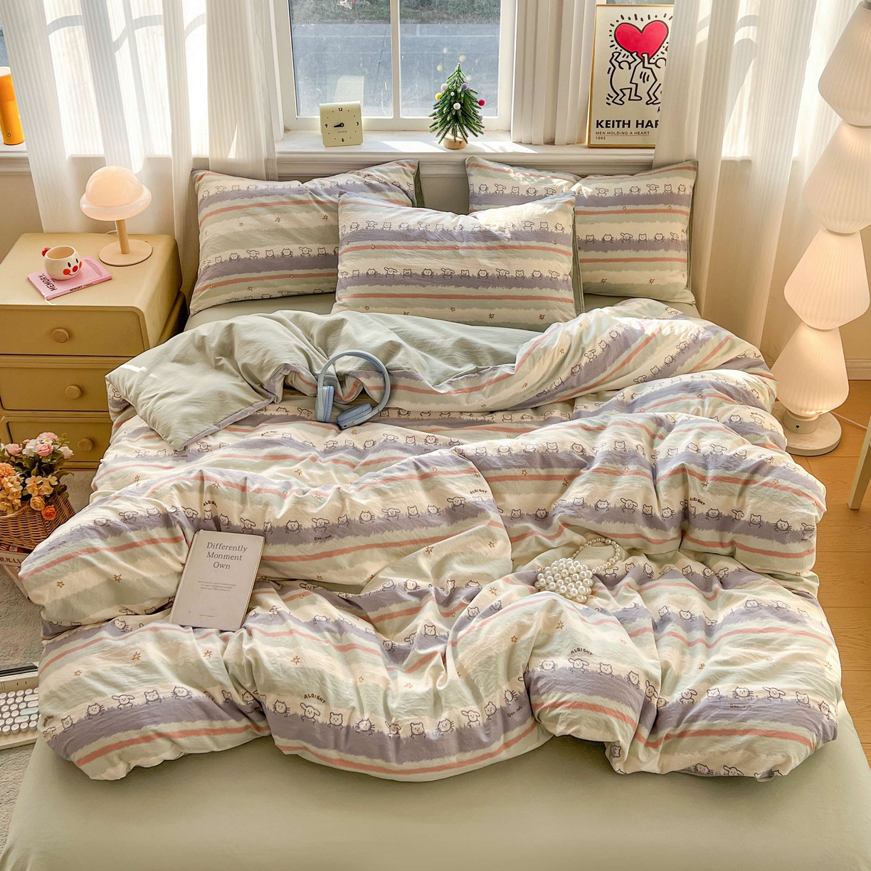 91家纺网 家纺一手货源 找家纺 格真 2026新款韩国小布袋A类古法水洗仿棉云感纱四件套 梦乡