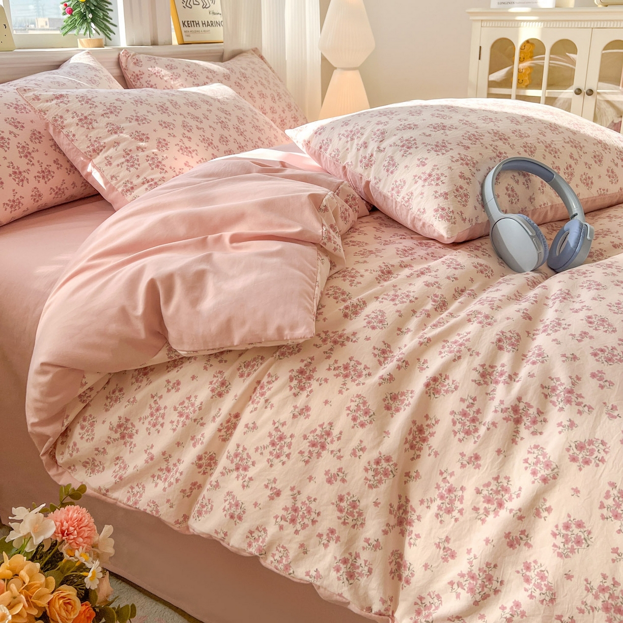 91家纺网 家纺一手货源 找家纺 格真 2026新款韩国小布袋A类古法水洗仿棉云感纱四件套 七分甜