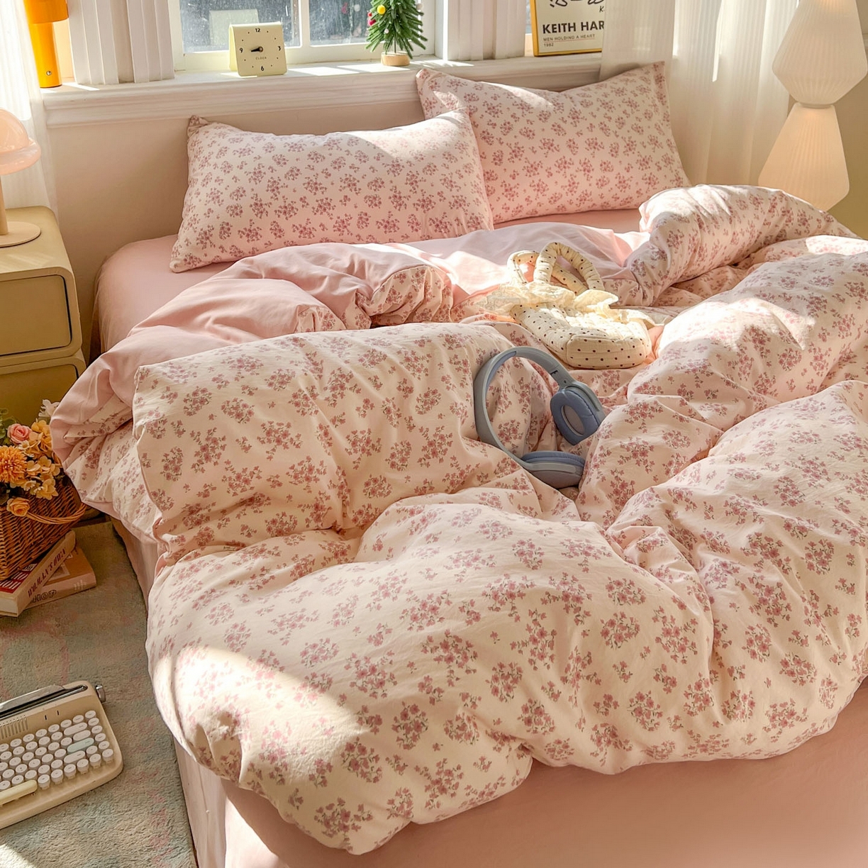 91家纺网 家纺一手货源 找家纺 格真 2026新款韩国小布袋A类古法水洗仿棉云感纱四件套 七分甜