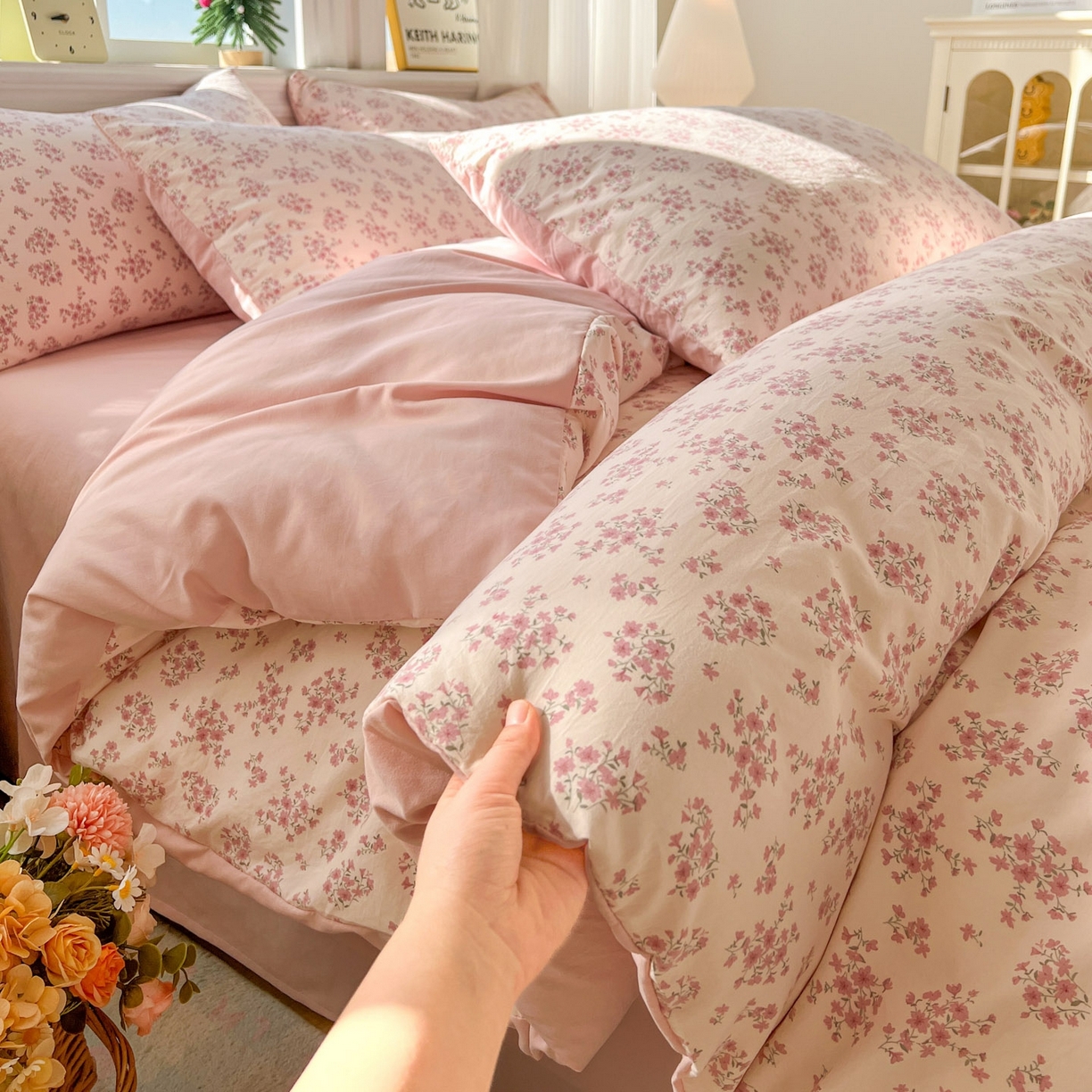 91家纺网 家纺一手货源 找家纺 格真 2026新款韩国小布袋A类古法水洗仿棉云感纱四件套 七分甜