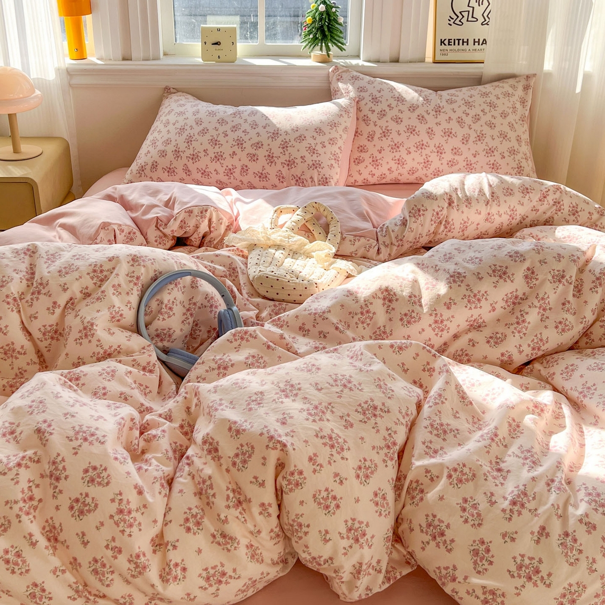 91家纺网 家纺一手货源 找家纺 格真 2026新款韩国小布袋A类古法水洗仿棉云感纱四件套 七分甜